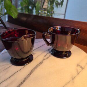 Vtg Anchor Hocking Royal Ruby Red Glass Footed Sugar & Creamer Art Deco VIDEO